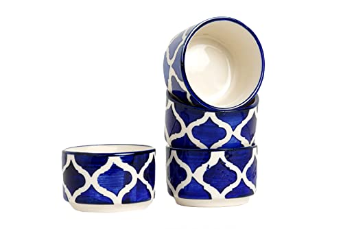 Image of Handpainted Moroccan /Umrao Pattern Ceramic Dip Bowl Set - Chutney, Pickle, Sauce Small Katori in Round Shape (40 ML, Set of 6, Blue & White)
