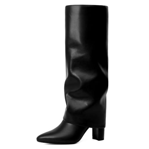 Image of Knee High Boots Women Fold Over Boots Chunky Heel Pointed Toe Tall Boots