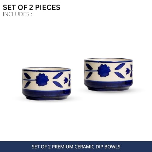 Image of Freakway Hand Painted White Ceramic Dip Bowls | Bowls Set of 2, 40Ml | Bowl for Serving Chutney Bowl /Pickle Bowl /Small (Floral BLU & WHT)