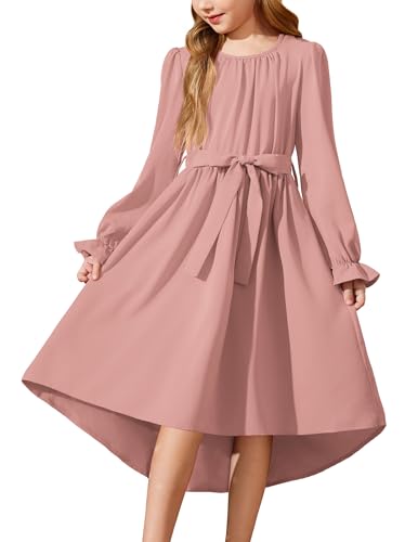 Arshiner Mädchen Kleid Laternenärmeln Chiffonkleid Kinder Casual Hochzeit Prinzessin Kleid Einschulung Herbstkleid Geburtstag Partykleid mit Tasche 7-8 Jahre