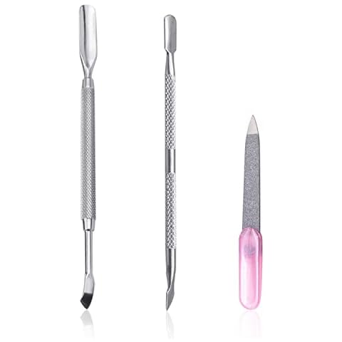 2 Stück Nagelhautschieber mit 1 Stück Nagelfeile, 2 in 1 Edelstahl Metall abgerundet gebogen Nagelhautschieber Pflegenägel Spatel Pusher Cover