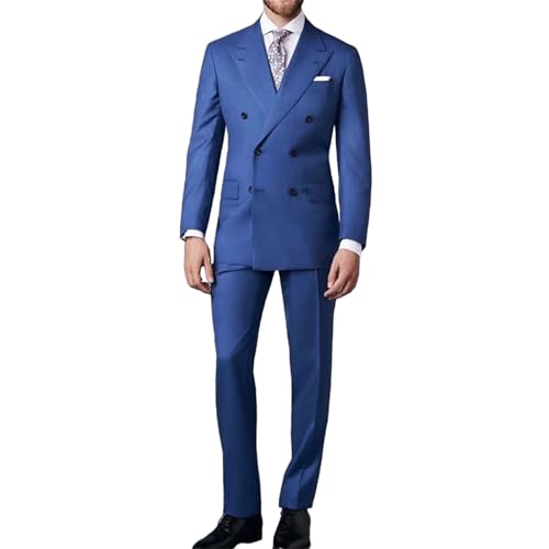 Men's Blue Lapel Suit 2 Piece Set Double Breasted Slim Fit Business Casual Formal
