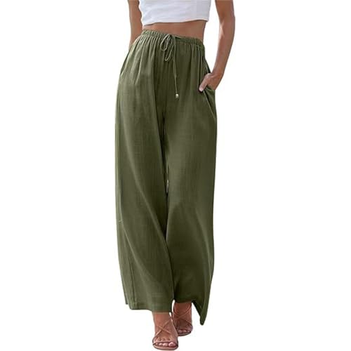 HOTYD Wide Leg Pants Women Cotton Linen High Waisted Flowy Casual Baggy Drawstring Palazzo Trousers Beach Pants