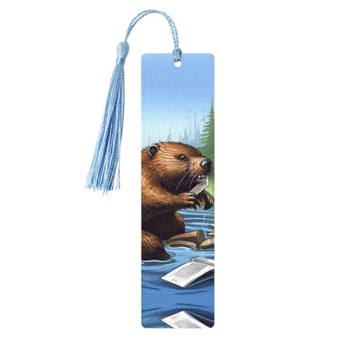 タッセル付き木製しおり5個 ヴィンテージ木製ブックマーク ビジービーバー 漫画 ファンシー ハンドメイド クラフトブックマーク 読書ページマーカー 木製ハンギングタグ オーナメント 本好き向け