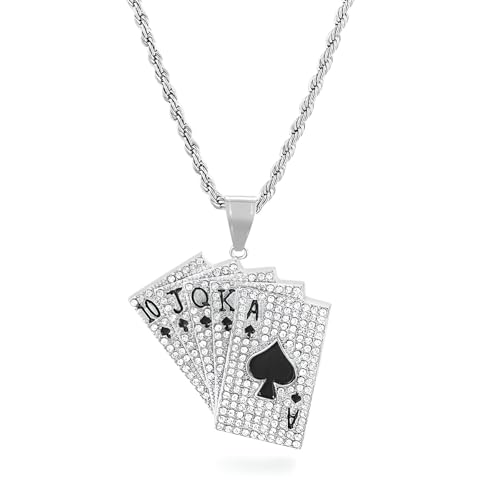 Collier Argent 925 Homme Femme as de Pique Cœur Carré Strass Carte à Jouer