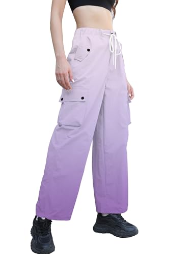 Image of Betusline Girls & Women's High Waist Wide Leg Cargo Pants Y2K Parachute Pants with Pockets and Drawstring 6 Years-Women 2XL
