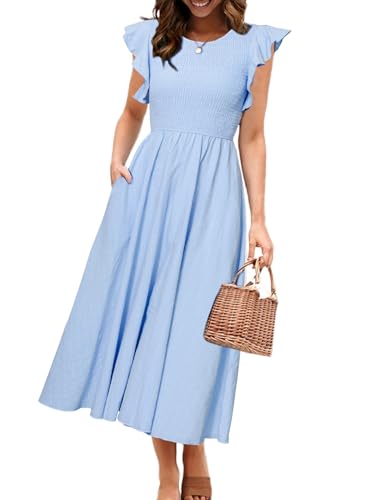 Image of Simplee Womens Striped Midi Summer Dress Linen Casual Flutter Short Sleeve Crew Neck Smocked Elastic Waist Tiered Beach Dress(Blue M)