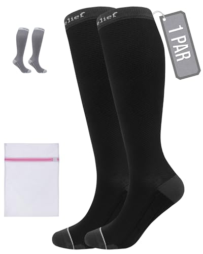 360 RELIEF Calcetines Compresión Hombre y Mujer - Classe 1 Medias de Compresión para Running, Circulacion, Vuelo, Viaje, Trabajo, Deportivas - Medias Compresivas 15-20mmHg S/M Negro + Bolsa de Malla