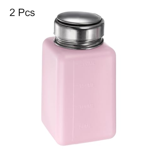 HARFINGTON 2pcs Solvent Alcohol Dispensers 200ml(6.8oz) Push Down Liquid Dispenser Pump Bottle with Sealing Stainless Steel Lid for Acetone Cleanser Polish Remover, Pink3