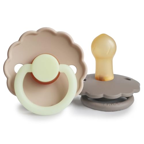 Image of FRIGG Daisy Night Natural Rubber Baby Pacifier | Made in Denmark | BPA-Free (Portobello /Croissant, 0-6 Months) 2-Pack