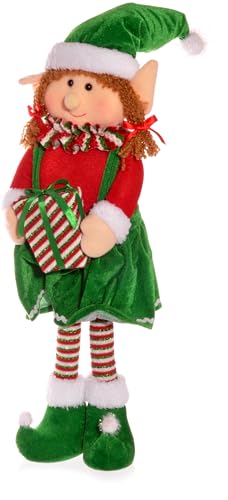Marionnette lutin de Noël fille 60cm rouge vert grand elfe tissu déco maison