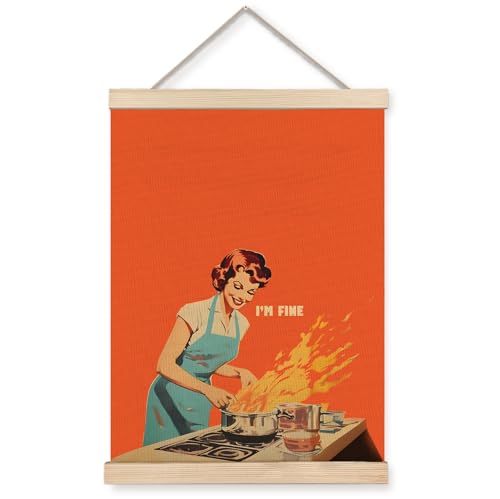 Foritho Retro Kitchen Poster Wall Art Framed, Funny Vintage 50s Cooking Housewife Orange Canvas Prints Wall Decor for Home Kitchen Dining Room Restaurant Decor, 12x16 Inch