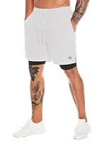 MOVEUP 2 in 1 Gym Running Shorts 7" Quick Dry Spandex Shell Fabric Compression Lining Sport Shorts Basketball Shorts Active Fitness Shorts Workout Training Shorts with Zipper Pocket for Men White
