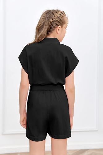 Haloumoning Niedlicher Jumpsuit für Mädchen Sommer Kinderoverall Button Down mit Gürtel Kinder kurzer Romper mit Taschen Schwarz, 8-10 Jahre