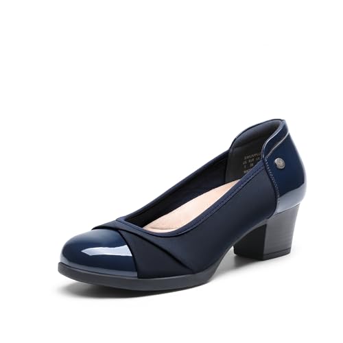 DREAM PAIRS Women's Pumps Low Chunky Block Closed Toe Shoes Work Comfortable Heels Round Toe Dress,Size 9,Navy,DWUMPU2507