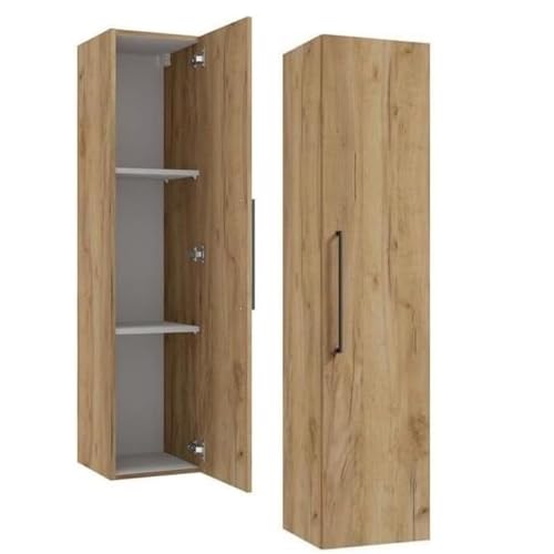 .Deftrans Domodomo Pinia Armario de baño de 140 x 32 cm, armario colgante de baño de roble artesanal con asas negras