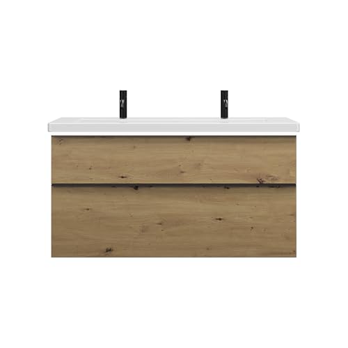 burgbad Eqio Keramik-Waschtisch mit 2 Armaturbohrungen, inklusive Waschtischunterschrank mit LED-Beleuchtung, Breite 1230mm, SEZB123F5662C0001G0252, Farbe: Eiche Dekor Urban/Eiche Dekor Urban,