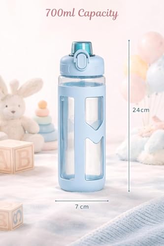 Image of LHOTSE Cute Square Water Bottle for School with Straw & Leakproof Lid - Large Capacity Kawaii Bottle for Kids, Girls & Office Usen 700 ML (Sky Blue)
