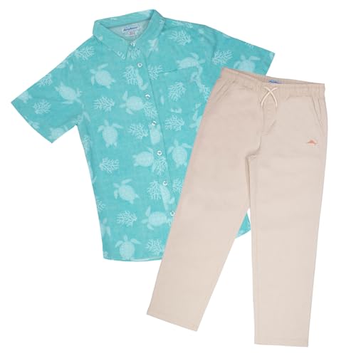 Tommy Bahama Boys Classic Woven Button-Down Hawaiian Shirt & Elastic Waist Pants Set - Casual 2-Piece Summer Outfit for Kids (Aqua Ocean/Beige, Size 8)