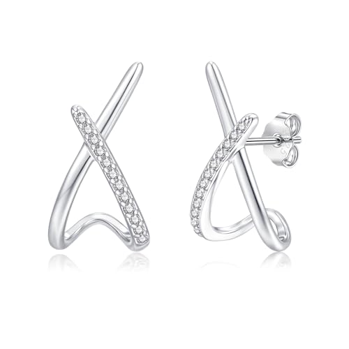 Image of Glintara 925 Sterling Silver Stud Earrings, Silver Criss-Cross Studs Earrings for Women Girls, Minimalist Stud Earring with 5A Zirconia, Hypoallergenic Studs Sleeper Earring Jewellery with Gift Box