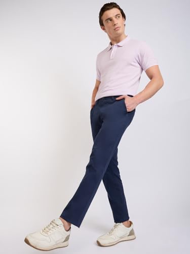 Image of Parx Men Low Rise Tapered Fit Solid Pattern Cotton Blend Flat Front Casual Trouser
