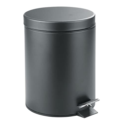 mDesign 5 Liter Round Small Metal Step Trash Can Wastebasket, Garbage Container Bin - for Bathroom, Powder Room, Bedroom, Kitchen, Craft Room, Office, Removable Liner Bucket - Graphite Gray