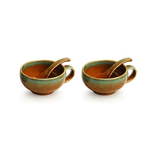 Image of ExclusiveLane 'Peacock Boulevard' Ceramic Soup Bowl with Spoon Set of 2 (320 ML, Dishwasher & Microwave Safe Bowls) | Modern Ceramic Soup Bowl with Handle Soup Bowls Set of 2 Soup Bowls Set