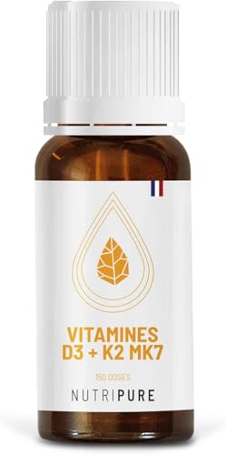 Nutripure | Complément Vitamine D3 + K2 MK7 1000 UI | Avec Huile d'Olive Bio | 100% Pure et Naturel | Végétarien | Booste le Système Immunitaire | Santé des Os et des Muscles | 5 Mois | Made in France