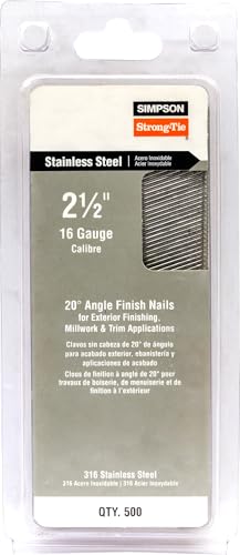 Simpson Strong-Tie T16N250PFB 20-Degree Angle Finishing Nail - 2-1/2-in. x 0.065 in., Adhesive Collation, T-Style Head, 16-Gauge Type 304 Stainless Steel (500-Qty)