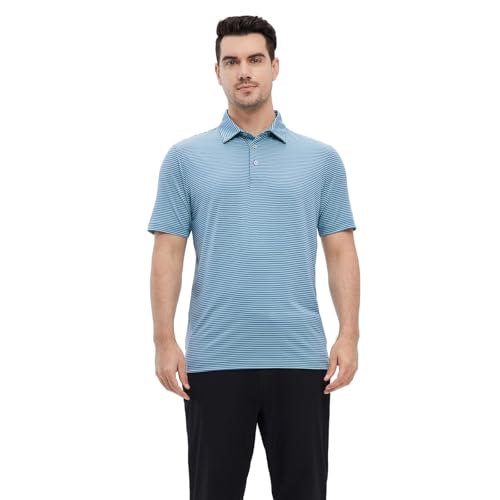 Image of Mens Golf Shirt Moisture Wicking Dry Fit Performance Sport Short Sleeve Striped Golf Polo Shirts for Men