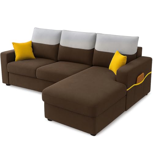 Image of Furny Tokiaa 4 Seater Fabric RHS L Shape Sofa Set (Brown) | Soft Velvet Fabric | Modern Design | Comfortable Seating | Living Room Furniture