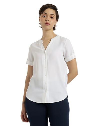 Image of FableStreet Women Formal Top | Asymmetrical Button Placket Band Collar Three-Quarter Sleeves | Pure Cotton Smooth Fabric for Office & Workwear