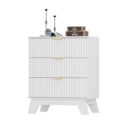Image of HUANLEGO Fluted Nightstand with 3 Drawer for Bedroom, White | Mid Century Modern Beside Table with Metal Handle, Wooden End Table with 3 Drawers for Living Room, Closet, Entryway