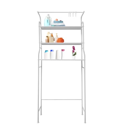 Nyana Home | Estantería Multifuncional Baño 163x68x25 cm | 3 Baldas y Colgador | Ideal para Organización Ropa/Lavabo/WC (Blanco)