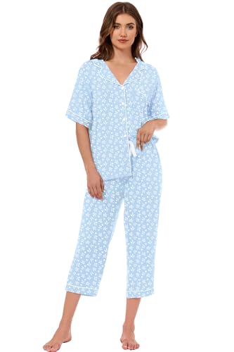 Image of LUBOT Womens Bamboo Viscose Pajamas for Women PJ Set 2 Piece Cooling Soft Short Sleeve Capri Pants Summer Sleepwear Set S-XXL