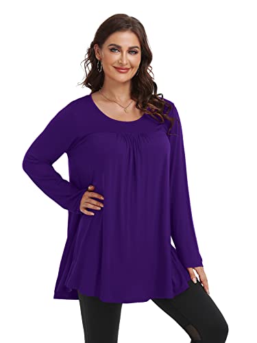 Larace Plus Size Tunics For Womens Long Sleeve Tops Crew Neck Shirt Casual Pleated T-Shirt Blouses(Darkpurple 1X) #TOP3