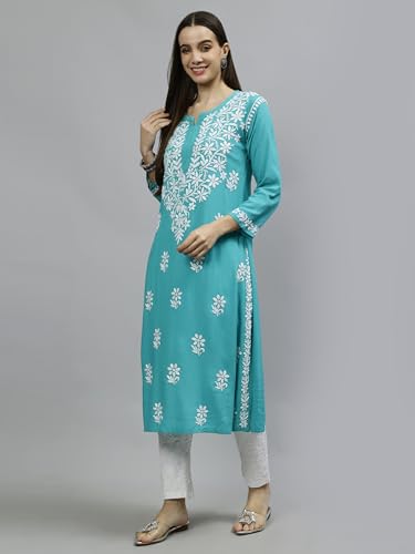 Image of Seva Chikan Hand Embroidered Lucknowi Chikankari Rayon Straight Kurta for Women SCL4532