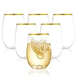 16oz Plastic Stemless Wine Glasses w/Gold Rim - Unbreakable Disposable Cocktails & Scotch...