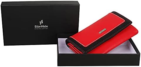 STARHIDE Ladies Purse Women RFID Blocking Genuine Leather Flap Over Long Clutch Wallet 5560 (Red Black)