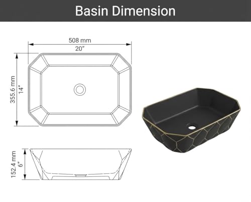 Image of BASSINO 20x14x6 Inches Ceramic Counter Top Wash Basin /1 Year Warranty /Rectangular Tabletop Basin for Bathroom /Above Counter Sink for Dining Hall /Living Room /Hotel /Office(Black & Gold Finish)