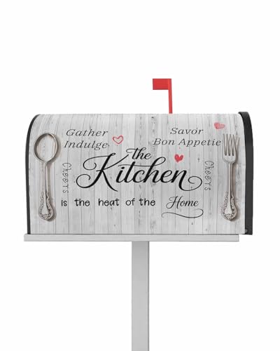 Kitchen Fork Spoon Magnetic Mailbox Covers Standard Size Cooking Tools Red Heart Wood Grain Outdoor Mail Box Cover 21x18 Inch Mailbox Wrap Polyester Post Letter Box Cover for Garden Home Decoration