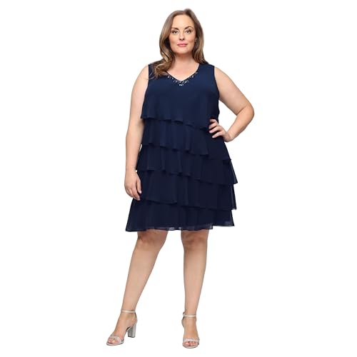 Image of S.L. Fashions Women's Chiffon Tiered Jacket Dress with Beaded Neckline Mother of the Bride, Cocktail, Or Wedding Guest Dress