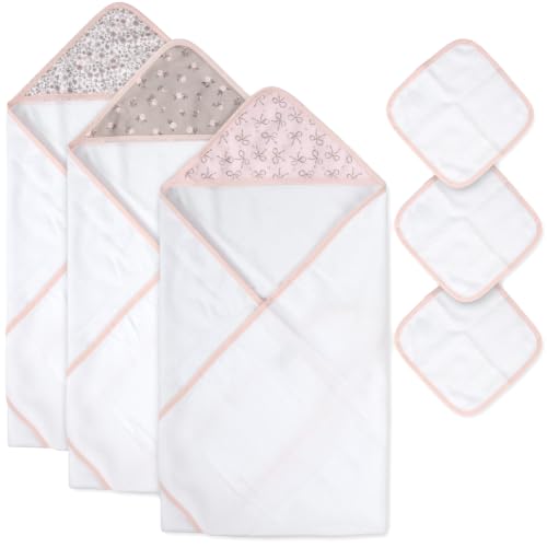 Image of Jessica Simpson Baby 6-Piece Hooded Towel & Washcloth Set - Soft Polyester Baby Bath Towels - Pink & Green Floral Design (Pink Floral & Bows)