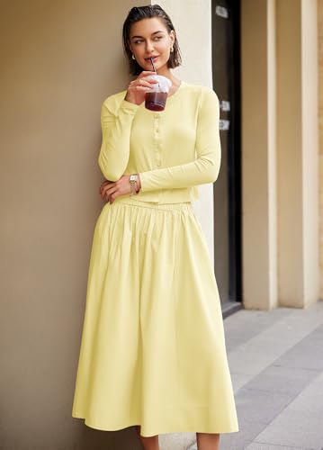 Image of Panadila Womens 2 Piece Lounge Sets Matching Vacation Outfits Ribbed Button Down Cardigan and Elastic Waist Skirt Sets