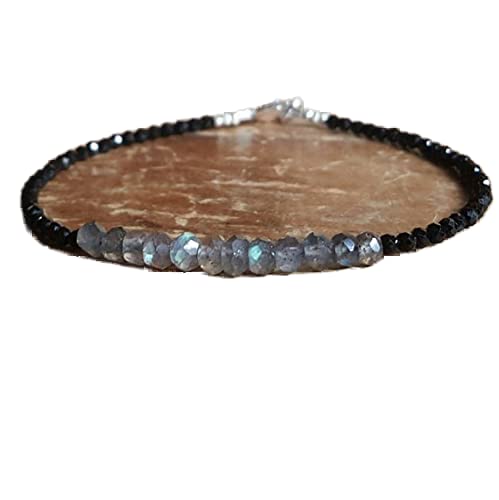 Bracelet labradorite et perles spinelle noir de haute qualité avec fermoir plaqué argent