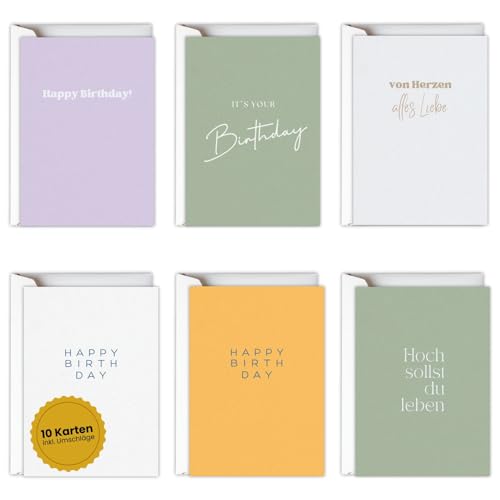 PN Kartenwerk 10er Set Geburtstagskarten mit Briefumschlägen minimalistisch - Glückwunschkarte | Happy Birthday Karte | Karten Geburtstag | Birthday Card | Geburtstagskarte für Männer & Frauen Set