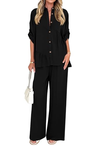KIRUNDO Two Piece Sets for Women Summer Outfits 2025 Dressy Casual Half Sleeve Button Down Shirt Wide Leg Pants Lounge Set(Black, Large)