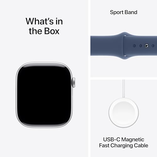 Image of Apple Watch Series 10 [GPS 46 mm] Smartwatch with Silver Aluminium Case with Denim Sport Band - S /M. Fitness Tracker, ECG App, Always-On Retina Display, Water Resistant