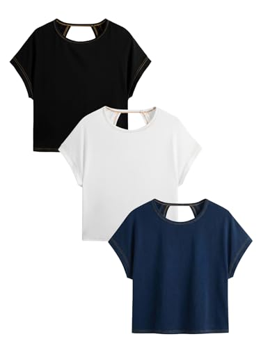 Image of RoseSeek Women's 3 Packs Open Back Tops T Shirt Criss Cross Cut Out Tee Short Sleeve Crewneck Summer Backless Tops