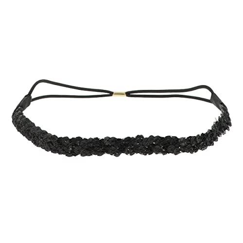Schwarzes Sequin Damen Haarband - Dünnes elastisches Hairband Einheitsgröße - Headband für die Hochzeitsfrisur oder Strass Pailletten Party - Glänzendes Stirnband Look Boho Hippie